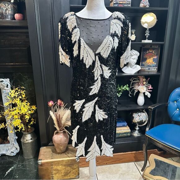 Vintage Silk Hand Beaded Lillie Rubin Knee Length Dress Size Small - Picture 1 of 12